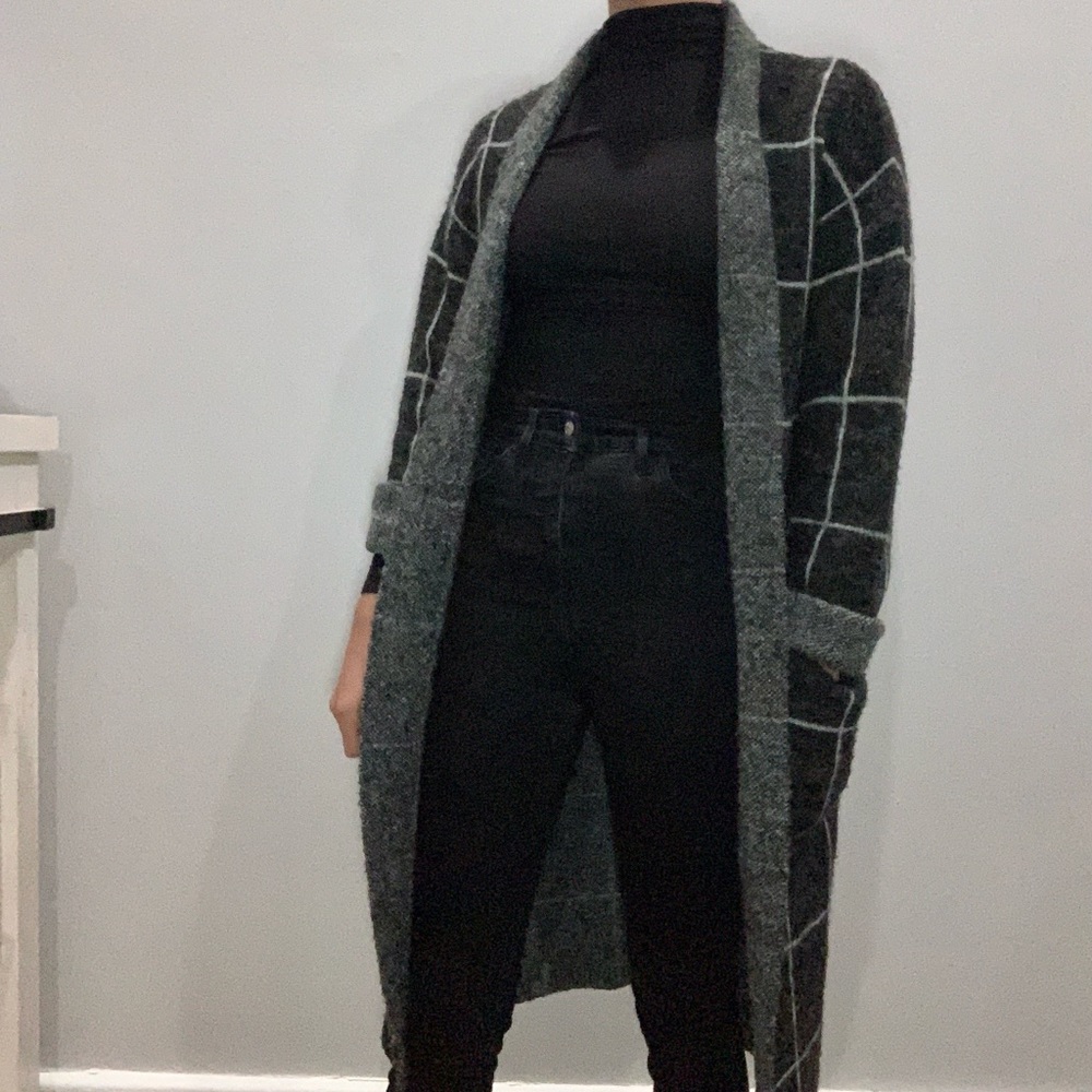 Black and white checkered duster cardigan